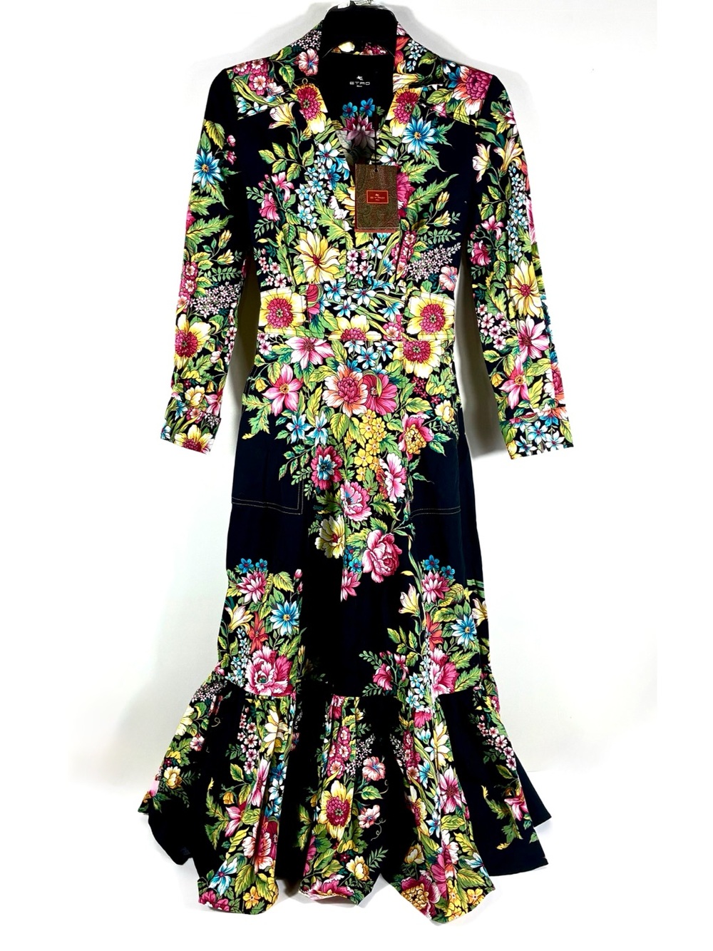 Etro Floral Print Long Sleeve Midi Dress Black US 0 IT 36 NWT Cotton - Picture 3 of 16